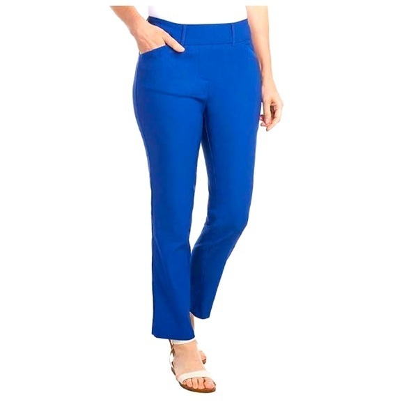 Pants - Woman's Mid-Rise Stretch Pull-On Ankle Pant Blue Slim Pockets Comfort Waistband